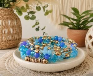 Pomina Blue Gold Semi Precious Stretch Bracelet Stack New